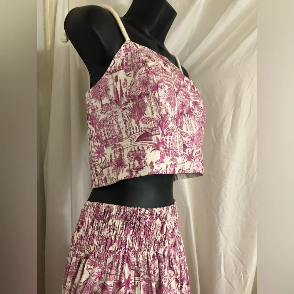 Joie 2pc pink white multi nautical strap crop top & smocked skirt set size Small